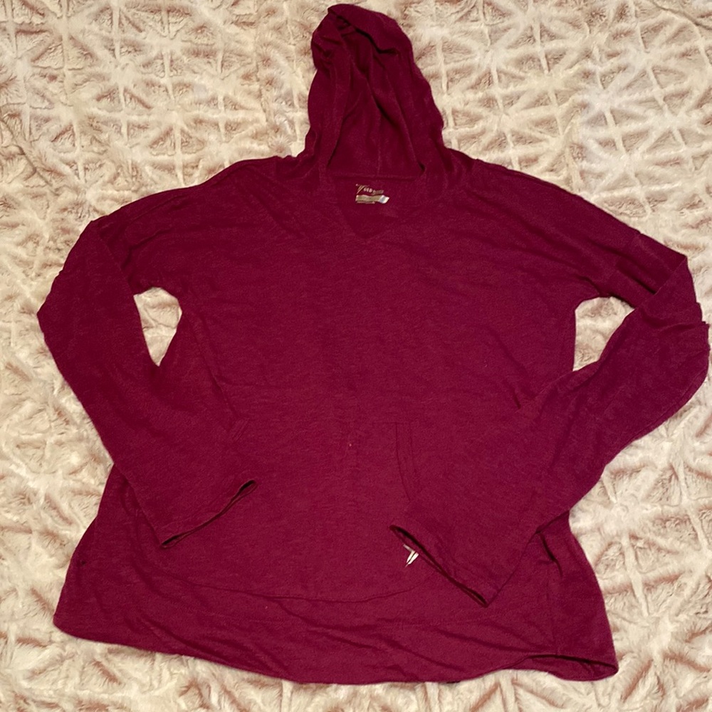 active wear long sleeve v-neck with hood, thumb holes, and pocket